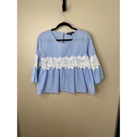 Forever 21 Womens Light Blue Bell Sleeve Lace Trim Top Size Small 100% Cotton - Picture 1 of 6